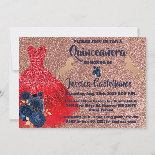 Invitation Red Gold Sparkle Dress Quinceañera サンキューカード (正面)