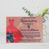 Invitation Red Gold Sparkle Dress Quinceañera サンキューカード (スタンド正面)