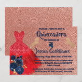 Invitation Red Gold Sparkle Dress Quinceañera サンキューカード (正面/裏面)