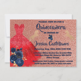 Invitation Red Gold Sparkle Dress Quinceañera サンキューカード