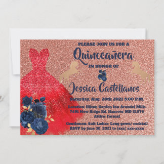 Invitation Red Gold Sparkle Dress Quinceañera サンキューカード