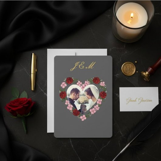 Invitation Slate Grey Gold Rose Heart Wedding 招待状