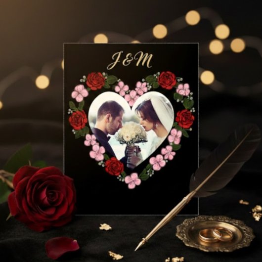 Invitation Vertical Black Gold Wedding Rose Heart 招待状