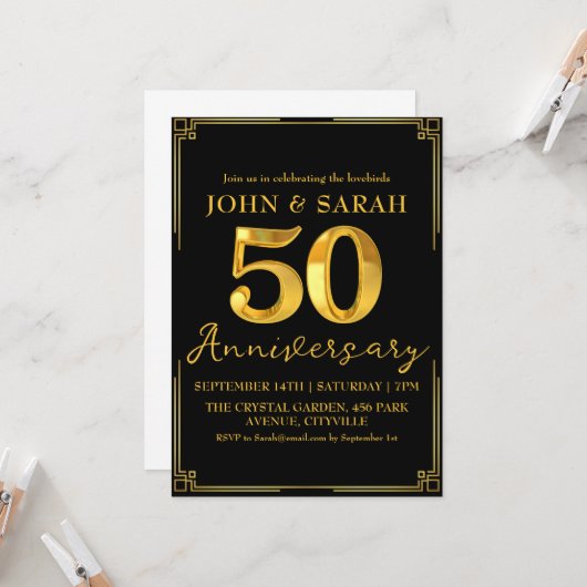 invitations de fête de 50e anniversaire noir et or 招待状 (正面/裏面インサイチュ)