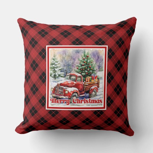 Inviting red truck winter scene rustic holiday   クッション (正面)