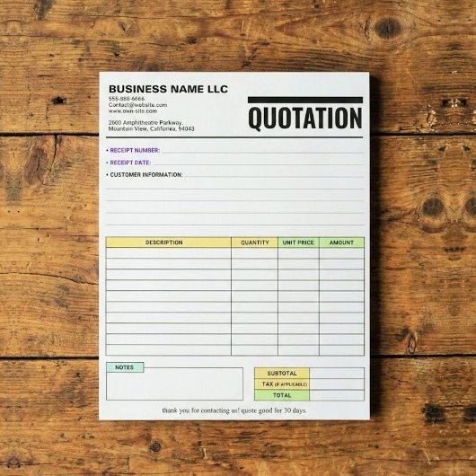 Invoice Form / Sales Receipt | Business Quotation ノートパッド