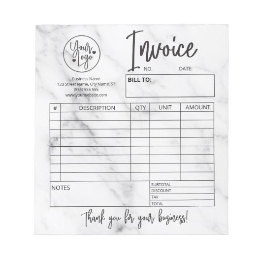 Invoice Sales Form Receipt Business Logo Marble ノートパッド (正面)