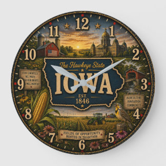 Iowa Hawkeye State Cornfields Farm Heritage Rustic ラージ壁時計