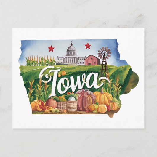 Iowa USA State Shaped Vintage Farm Harvest ポストカード (正面)