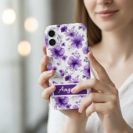 iPhone専用パーソナライズ紫花柄携帯電話ケース iPhone 16ケース