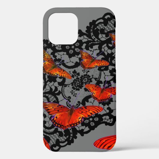 iPhone 12 オレンジ バタフライ アンティークブラック レース Case-Mate iPhoneケース (裏面)