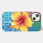 iPhone 13ケース、青い背景黄金色の花。 iPhoneケース (裏面横)