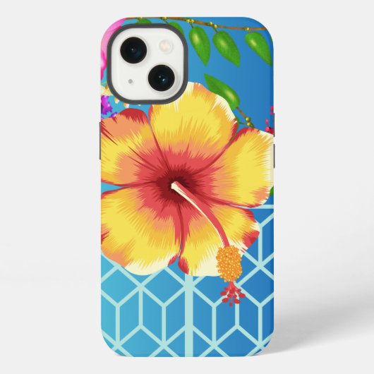 iPhone 13ケース、青い背景黄金色の花。 iPhoneケース (裏面)