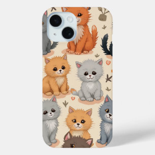 iPhone 15ケースかわいい子猫パターンフォンケース 15ケース