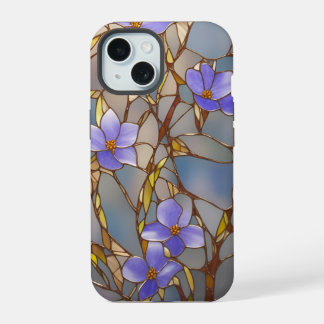 iPhone 15ケース ステンドグラス 紫の花