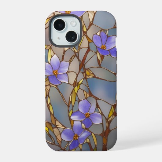 iPhone 15ケース ステンドグラス 紫の花 (裏面)