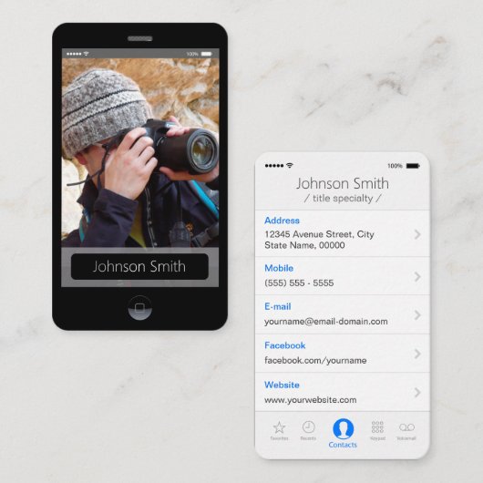 iPhone iOSスタイル – 個人用フォトプロファイル 名刺 (正面/裏面)