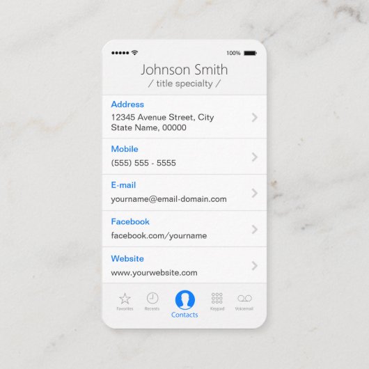 iPhone iOSスタイル – 個人用フォトプロファイル 名刺 (裏面)