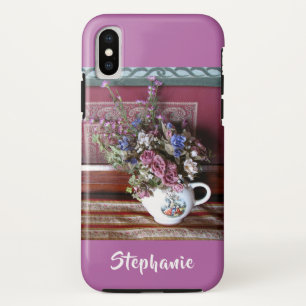 iPhone xタフケースティーポットフラワーズパープル、オーキッド X ケース