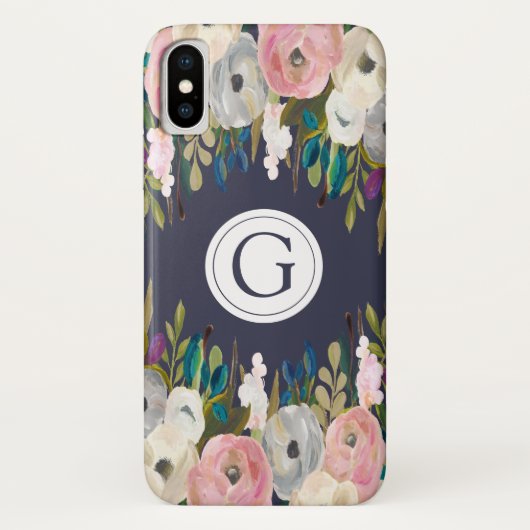 Iphone Xフローラネイビーパーソナライズされたイニシャルケース Case-Mate iPhoneケース (裏面)