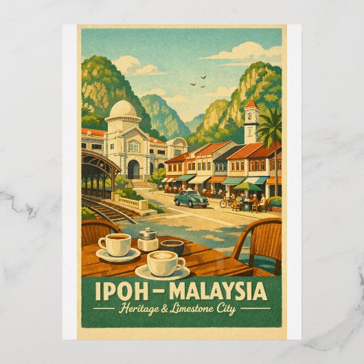Ipoh City, Malaysia retro travel 箔シーズンポストカード (正面)