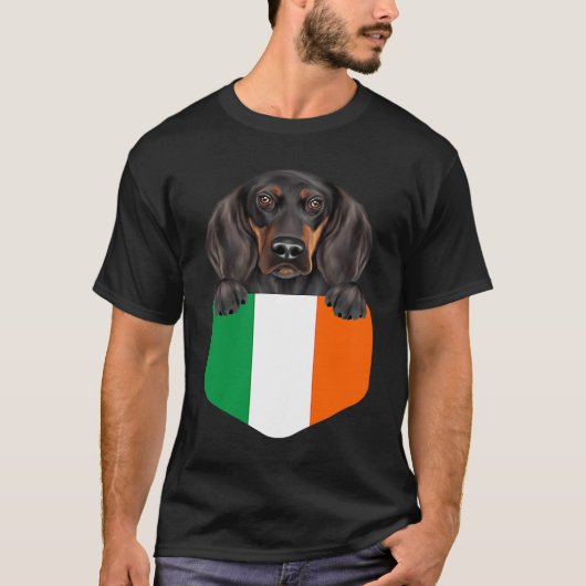 Ireland Flag Black and Tan Coonhound Dog In Pocket Tシャツ (正面)