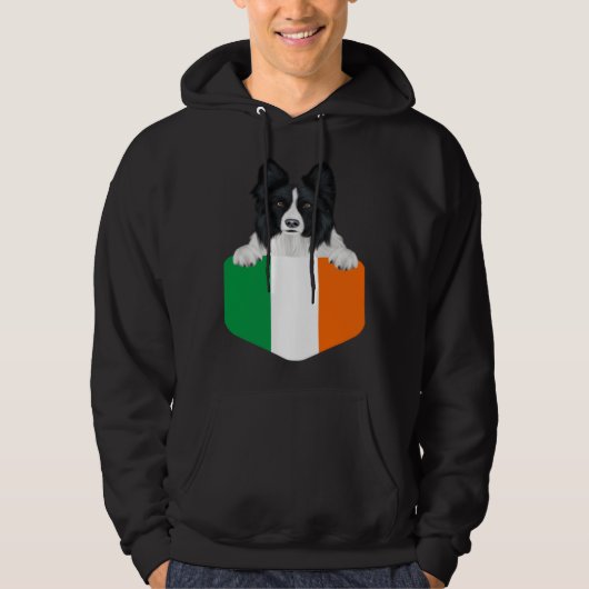 Ireland Flag Border Collie Dog In Pocket パーカ (正面)