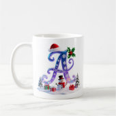 Iridescent Christmas Letter A with Snowman コーヒーマグカップ (左)