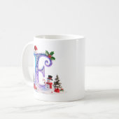 Iridescent Christmas Letter E with Snowman コーヒーマグカップ (正面左)