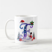 Iridescent Christmas Letter F with Snowman コーヒーマグカップ (左)