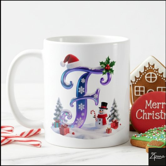 Iridescent Christmas Letter F with Snowman コーヒーマグカップ
