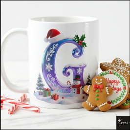 Iridescent Christmas Letter G with Snowman コーヒーマグカップ