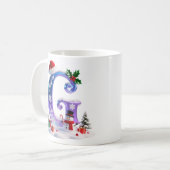 Iridescent Christmas Letter G with Snowman コーヒーマグカップ (正面左)