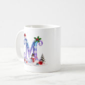Iridescent Christmas Letter M with Snowman コーヒーマグカップ (正面左)
