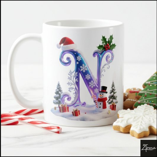 Iridescent Christmas Letter N with Snowman コーヒーマグカップ