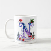 Iridescent Christmas Letter N with Snowman コーヒーマグカップ (左)
