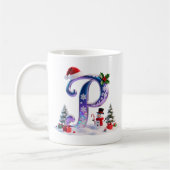 Iridescent Christmas Letter P with Snowman コーヒーマグカップ (左)