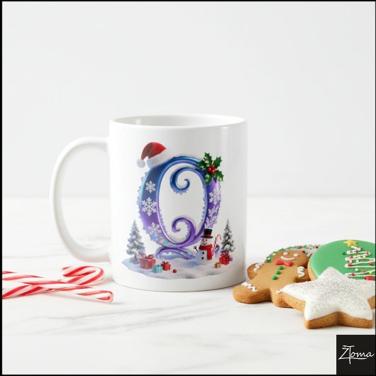 Iridescent Christmas Letter Q with Snowman コーヒーマグカップ