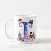 Iridescent Christmas Letter T with Snowman コーヒーマグカップ (左)