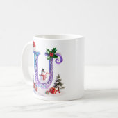 Iridescent Christmas Letter U with Snowman コーヒーマグカップ (正面左)