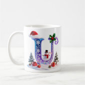 Iridescent Christmas Letter U with Snowman コーヒーマグカップ (左)