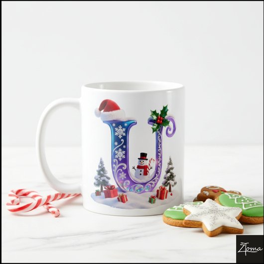 Iridescent Christmas Letter U with Snowman コーヒーマグカップ