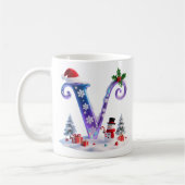 Iridescent Christmas Letter V with Snowman コーヒーマグカップ (左)