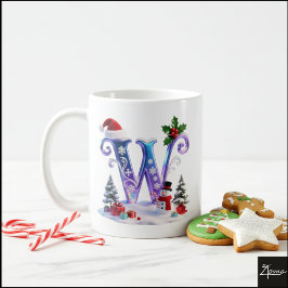 Iridescent Christmas Letter W with Snowman コーヒーマグカップ