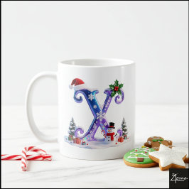 Iridescent Christmas Letter X with Snowman コーヒーマグカップ