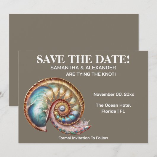 Iridescent Conch Shell Beach Wedding Announcement 招待状 (正面/裏面)