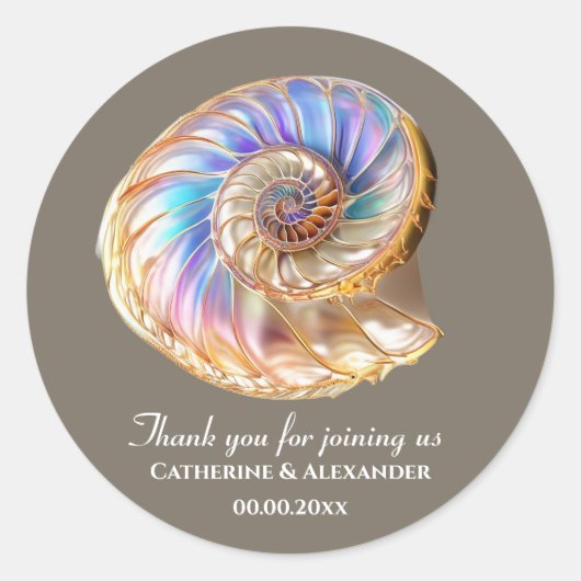Iridescent Conch Shell Wedding Thank You Sticker ラウンドシール (正面)