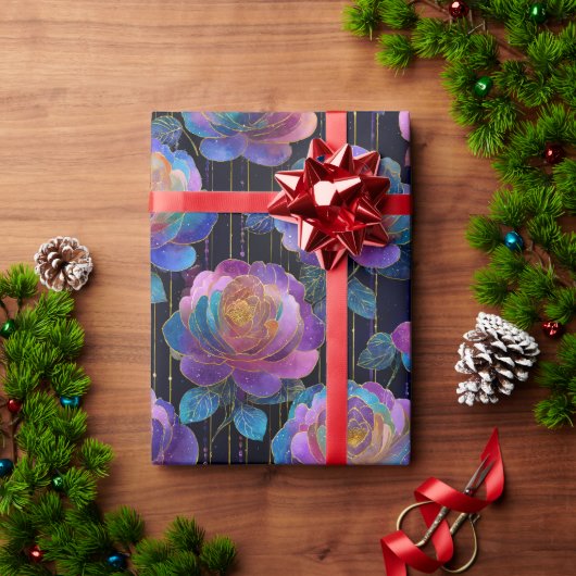 Iridescent Floral Wrapping with Red Ribbon Bow ラッピングペーパー (クリスマスギフト)