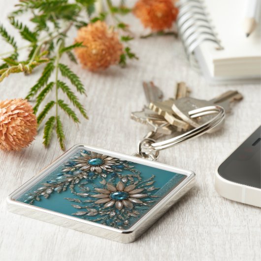 Iridescent teal glass beads keychain キーホルダー (側面)