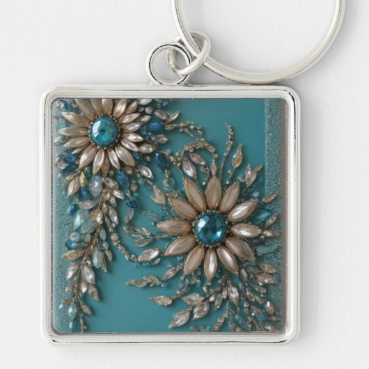 Iridescent teal glass beads keychain キーホルダー (正面)